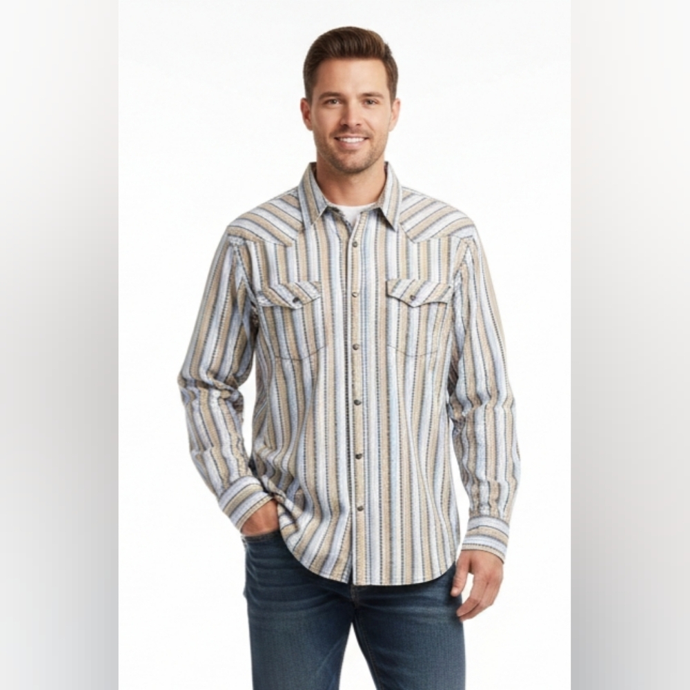 Cody James Men's Casual Striped Button-Down Shirt - Tan & Light Blue Regular Fit